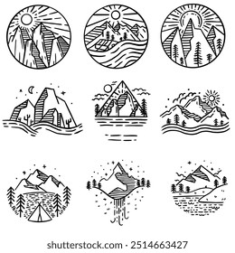 Set of Mountain logo vector. Mountains icon vector set. Hike, travel illustration sign collection. Mountain outdoor silhouette abstract background icon design