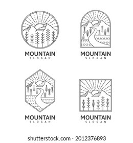 Conjunto de imágenes vectoriales de monolina de montaña o estilo de arte de línea al aire libre