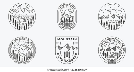 Set Of Mountain Outdoor Wild Life Logo Vector Illustration Design, Mountain Line Art Style, Suitable For Adventure And Wanderlust Logo, Symbol, Tshirt Design