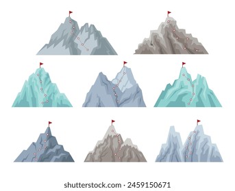 Set of Mountain Peak Climbing Route, Mountain progression path. Climbing progress route, mountain peak overcoming, mountain climbing path with red flag on top vector illustration, infographic.