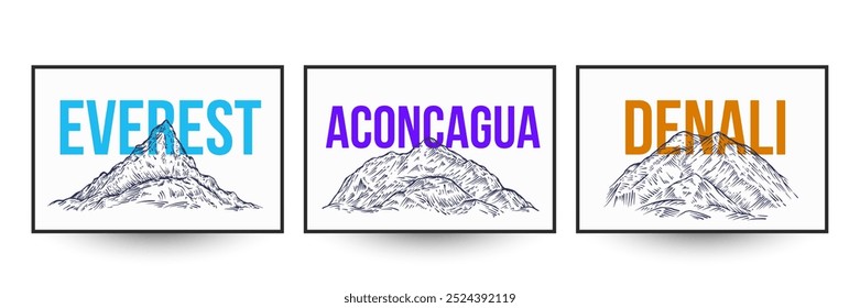 Conjunto de picos de montanha em estilo monocromático desenhado à mão. Everest, aconcagua, denali. Ilustração vetorial silhuetas paisagens de terreno para impressão de marca, banner, capa.