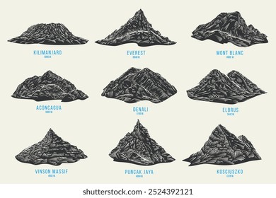 Conjunto de picos de montanha em estilo monocromático desenhado à mão. Kilimanjaro, everest, mont blanc, aconcagua, denali, elbrus, vinson massif, puncak jaya, kosciuszko. Silhuetas vetoriais paisagens do terreno.