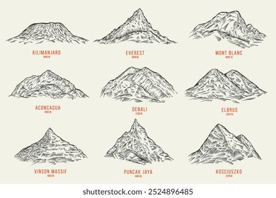 Conjunto de picos de montanha em estilo monocromático desenhado à mão. Kilimanjaro, everest, mont blanc, aconcagua, denali, elbrus, vinson massif, puncak jaya, kosciuszko. Silhuetas vetoriais paisagens do terreno.