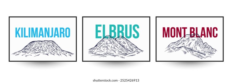 Conjunto de picos de montanha em estilo monocromático desenhado à mão. Kilimanjaro, elbrus, mont blanc. Ilustração vetorial silhuetas paisagens de terreno para impressão de marca, banner, capa.