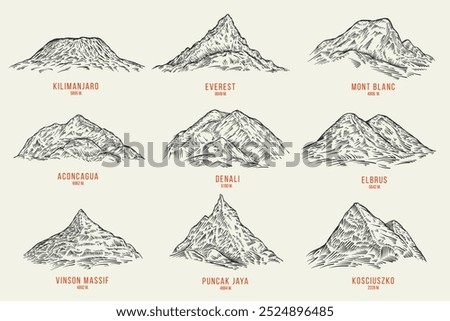 Set of mountain peaks in hand drawn monochrome style. Kilimanjaro, everest, mont blanc, aconcagua, denali, elbrus, vinson massif, puncak jaya, kosciuszko. Vector silhouettes terrain landscapes.