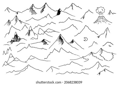 un conjunto de picos de montaña con un volcán. línea negra dibujada a mano en cordones blancos vista lateral estilo doodle simple dibujo para plantilla de diseño