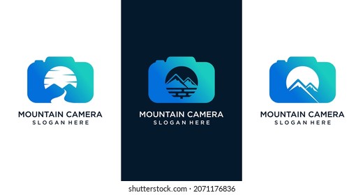 set of Mountain Photography with Camera Vector Logo Design