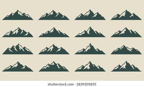Set of mountain range silhouettes featuring various peak shapes and ridge contours arranged on a plain background.