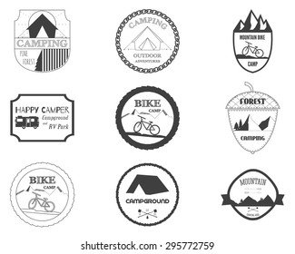 Set Of Mountain Retro Insignia And Label Logo Graphics. Camping Badges And Travel Logo Emblems. Mountain Bike, Rv Park, Motorhome And Forest Campsite Theme. Vector Illustration