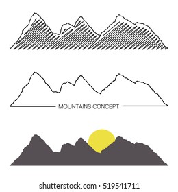 Set of mountain ridges on white background. Different variants of silhouette. Vector Illustration for design. Outdoor and travel concept.