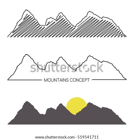 Set of mountain ridges on white background. Different variants of silhouette. Vector Illustration for design. Outdoor and travel concept.