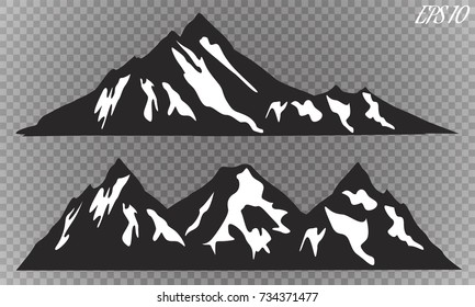 Set of mountain ridges silhouettes on white background. Outdoor and travel concept. Vector Illustration.