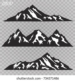 Set of mountain ridges silhouettes on white background. Outdoor and travel concept. Vector Illustration.