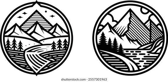 Set Of Mountain and River Emblem, Rounded Line Art Outdoor Logo Vector on White Background.