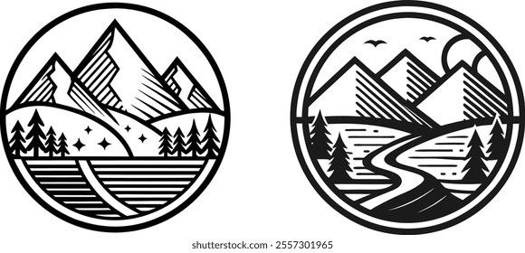 Set Of Mountain and River Emblem, Rounded Line Art Outdoor Logo Vector on White Background.