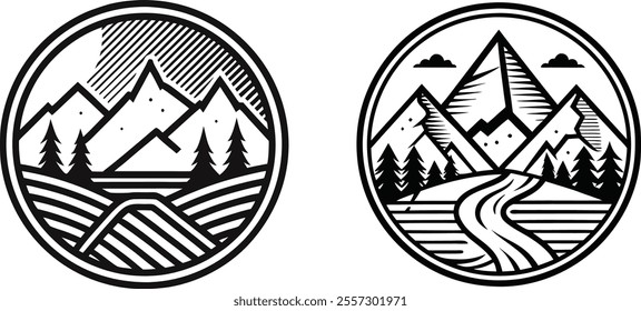 Set Of Mountain and River Emblem, Rounded Line Art Outdoor Logo Vector on White Background.