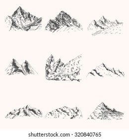 Set of mountain and rock hand drawn illustrations, for travel design 