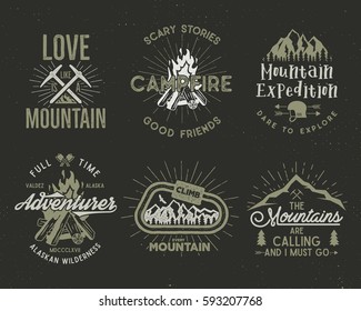 Set of mountain and scouting badges. Climbing labels, mountains expedition emblems, vintage hiking silhouettes logos and design elements. Vector retro letterpress style isolated.