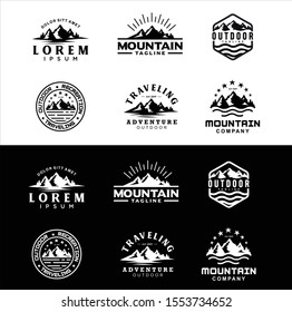 Set Of Mountain And Sea For Outdoor Adventure Emblem Logo Design Inspiration Hiking .Vintage Hipster Retro Mountain Sea Ocean Landscape Nature View Stamp Logo Design Inspiration