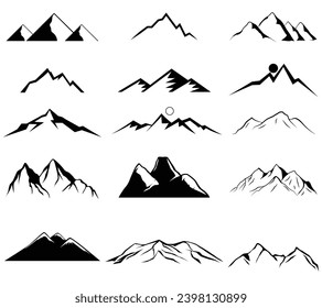 Set of mountain Shapes in black and white. Mountains silhouettes logo