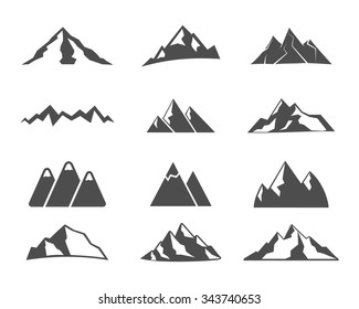 Set of mountain silhouette elements. Outdoor icon. Hand drawn snow ice mountain tops, decorative symbols isolated. Use them for camping logo, travel labels, climbing or hiking badges. Vector.