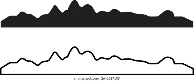 Set of mountain silhouette or vintage hill peak for forest logo or nature landscape designs. Camping or climbing sports and travel icons flat and outline styles. Outdoor hiking adventure illustration.