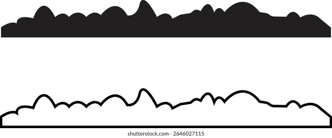 Set of mountain silhouette or vintage hill peak for forest logo or nature landscape designs. Camping or climbing sports and travel icons flat and outline styles. Outdoor hiking adventure illustration.