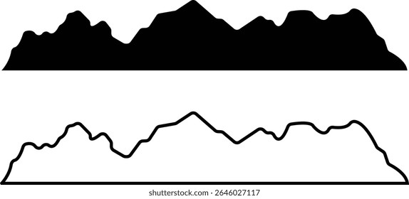 Set of mountain silhouette or vintage hill peak for forest logo or nature landscape designs. Camping or climbing sports and travel icons flat and outline styles. Outdoor hiking adventure illustration.