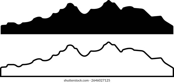 Set of mountain silhouette or vintage hill peak for forest logo or nature landscape designs. Camping or climbing sports and travel icons flat and outline styles. Outdoor hiking adventure illustration.