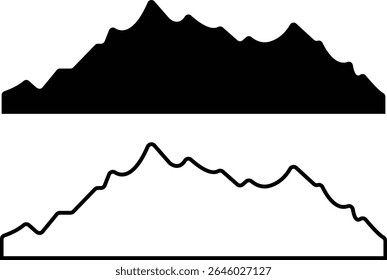 Set of mountain silhouette or vintage hill peak for forest logo or nature landscape designs. Camping or climbing sports and travel icons flat and outline styles. Outdoor hiking adventure illustration.