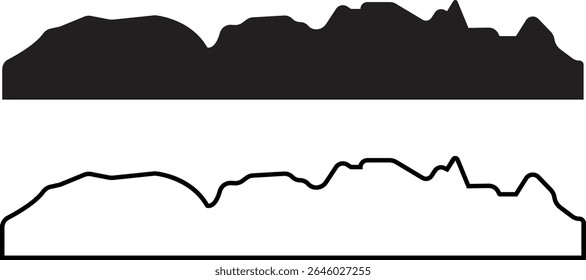 Set of mountain silhouette or vintage hill peak for forest logo or nature landscape designs. Camping or climbing sports and travel icons flat and outline styles. Outdoor hiking adventure illustration.