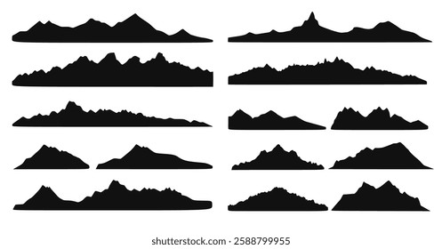 set of mountain silhouettes featuring rocky peaks and landscape icons. A vector collection perfect for logos, adventure designs, nature illustrations, and outdoor-themed graphics.