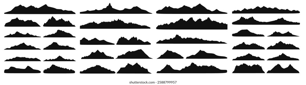 set of mountain silhouettes featuring rocky peaks and landscape icons. A vector collection perfect for logos, adventure designs, nature illustrations, and outdoor-themed graphics.