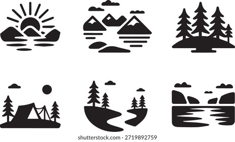 Conjunto de siluetas de montaña, aisladas sobre un fondo blanco, perfecto para la naturaleza, la aventura, los viajes, el paisaje y los diseños e ilustraciones de temática al aire libre.