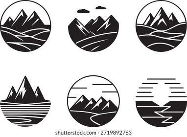 Conjunto de siluetas de montaña, aisladas sobre un fondo blanco, perfecto para la naturaleza, la aventura, los viajes, el paisaje y los diseños e ilustraciones de temática al aire libre.