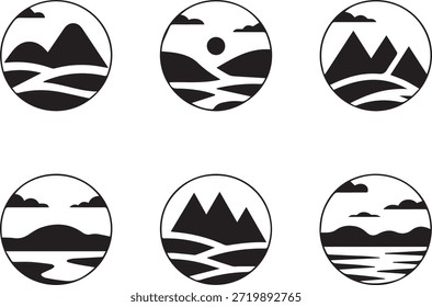 Conjunto de siluetas de montaña, aisladas sobre un fondo blanco, perfecto para la naturaleza, la aventura, los viajes, el paisaje y los diseños e ilustraciones de temática al aire libre.