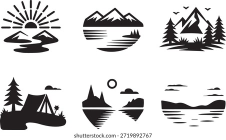 Conjunto de siluetas de montaña, aisladas sobre un fondo blanco, perfecto para la naturaleza, la aventura, los viajes, el paisaje y los diseños e ilustraciones de temática al aire libre.