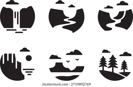 Conjunto de siluetas de montaña, aisladas sobre un fondo blanco, perfecto para la naturaleza, la aventura, los viajes, el paisaje y los diseños e ilustraciones de temática al aire libre.