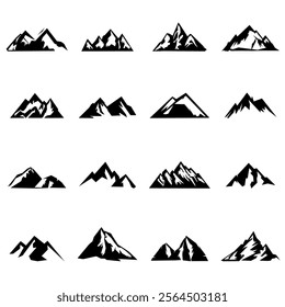 Set of mountain silhouettes. Unique rocky mountains icon or cool logo collection