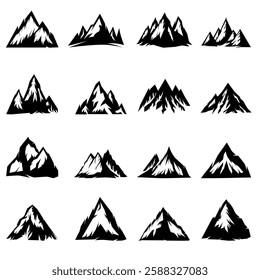 Set of mountain silhouettes. Unique rocky mountains icon or cool logo collection