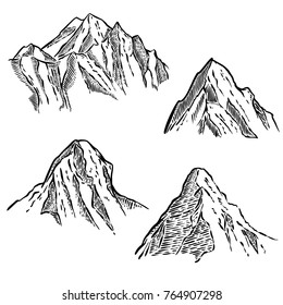 Set of mountain sketches. Design element for emblem, sign, label, poster. Vector illustration