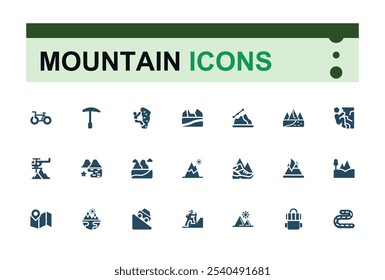 Set of Mountain solid icons. Contains related to pine, silhouette, graphic, tourism, top, rock, mountains and more. Filled icon collections. Editable vector icon and illustration.