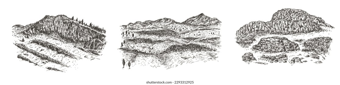 Establezca el paisaje de piedra de montaña en el estilo de bosquejo dibujado a mano. Composición de la naturaleza monocromática de la colección aislada sobre fondo blanco. Ilustración retrospectiva de escala de grises vectorial.