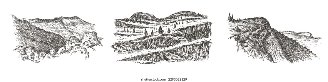 Set mountain stone landscape with trees in hand drawn sketch style. Vintage monochrome nature composition isolated on white background. Vector grayscale retro illustration.