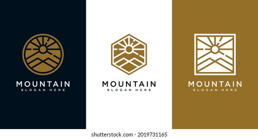 conjunto de montaña con diseño de logotipo de luz solar