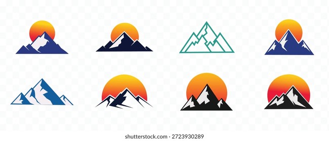 Set of mountain and sunrisesunset icons and logos various styles flat, outline, silhouette, gradient, and pixelated designs for adventure and nature themes