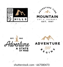 Set Of Mountain Themed Retro Logos And Badges In Minimal Style. Perfect For Branding Projects, Businnes Cards, Event Flyers, Expedition Posters And More.