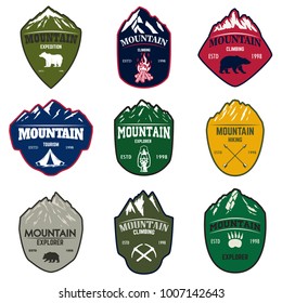 Set of mountain tourism, hiking emblems. Design element for logo, label, emblem, sign. Vector illustration