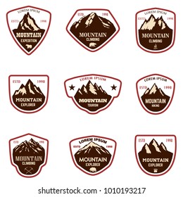 Set of mountain tourism, hiking emblems. Design element for logo, label, emblem, sign. Vector illustration