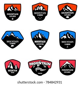 Set of mountain tourism, hiking emblems. Design element for logo, label, emblem, sign. Vector illustration